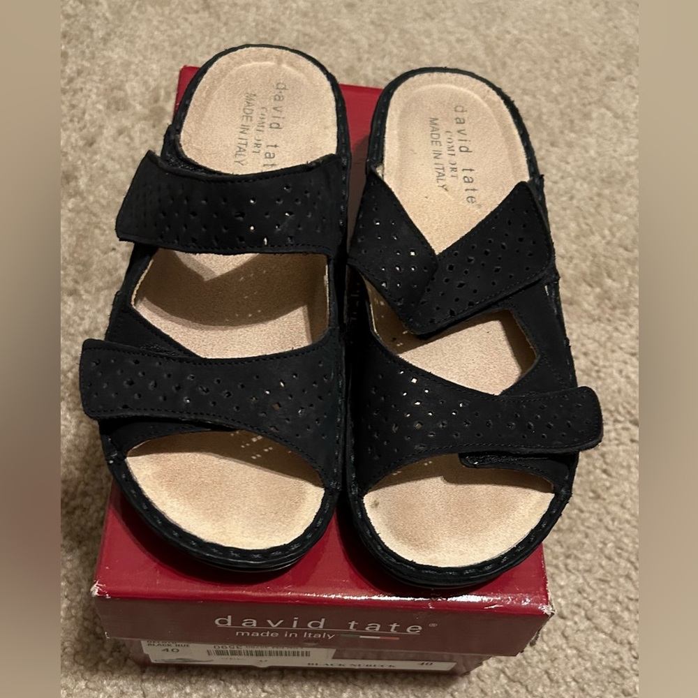 David Tate Gelato Slide Sandals Black Nubuck Leather Comfort Italy EU 40